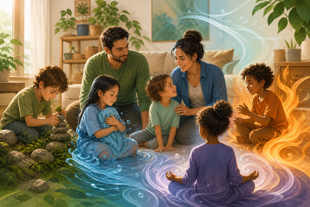 Parents guiding children with Earth, Water, Wind, Fire and Spirit personality styles