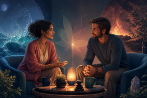 Spirit personality couple discussing connection, boundaries and mutual growth