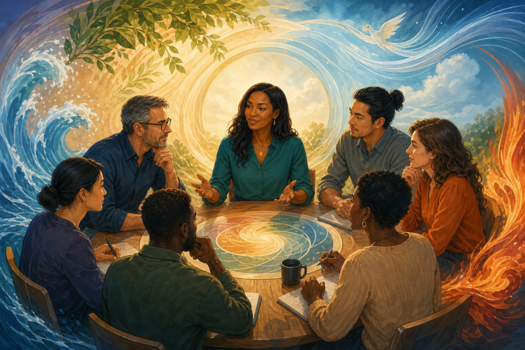 Spirit personality leader helping a diverse workplace team find balance and purpose