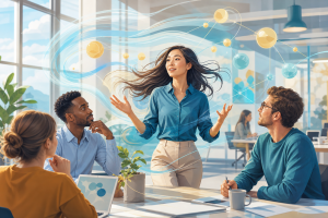 Wind personality professional communicating creative ideas with a workplace team